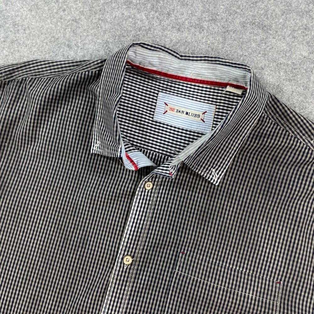 32 Bar Blues Mens Button Down Shirt XL Navy Gingham Long Sleeve